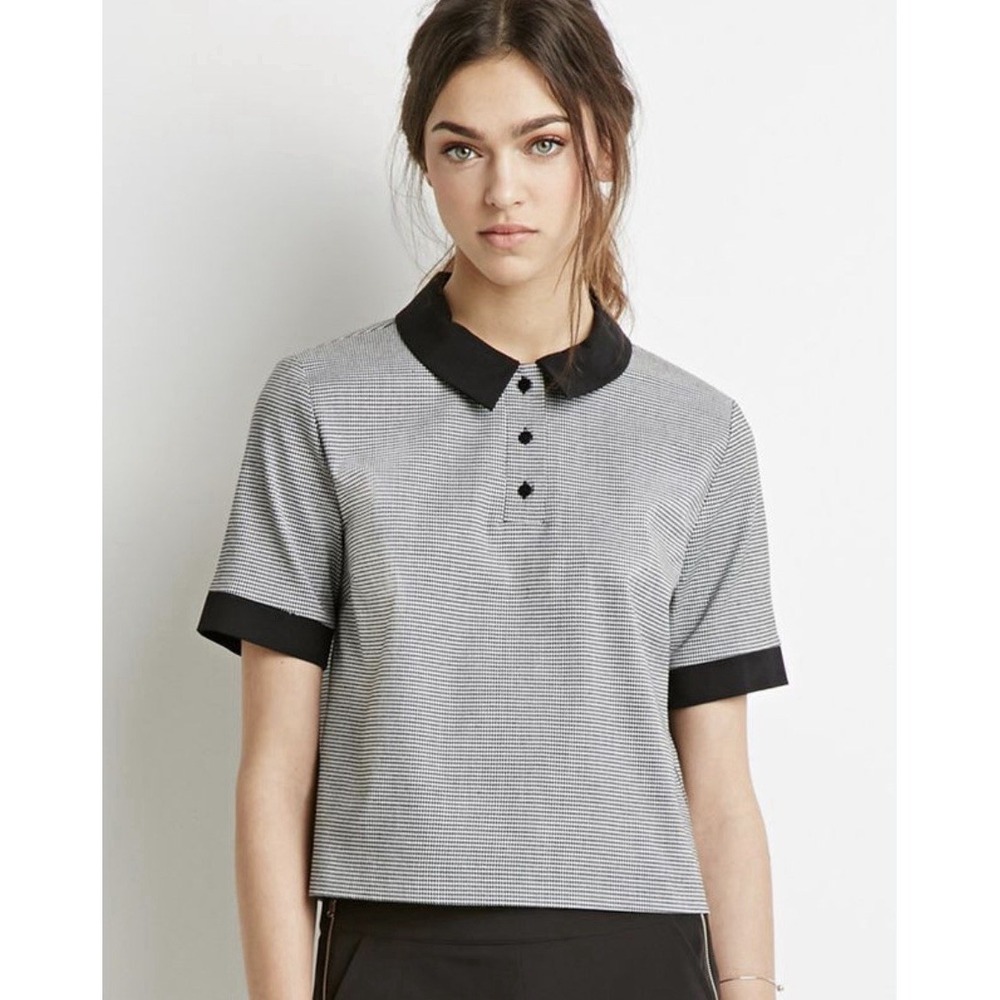 Zara Black White Mini Houndstooth Short Sleeve Cropped Polo Shirt Size Small